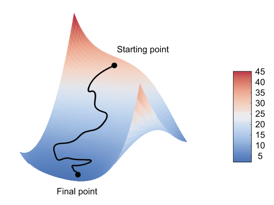 图 2.19：二维损失曲面上的梯度下降（两个可学习参数）